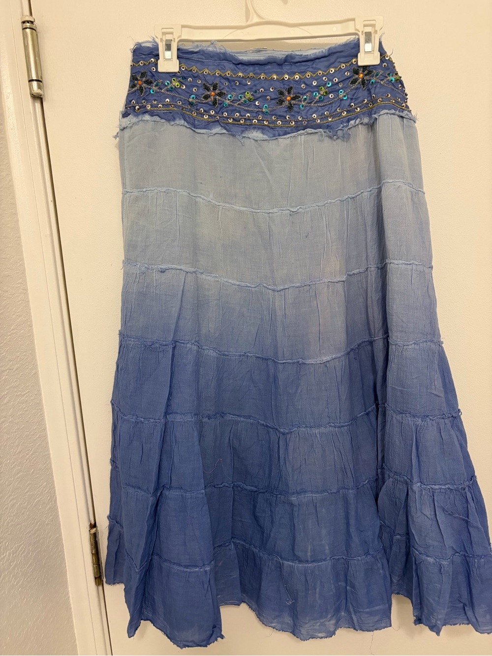 Y2K Embroidered Tiered Boho Maxi Skirt - Blue